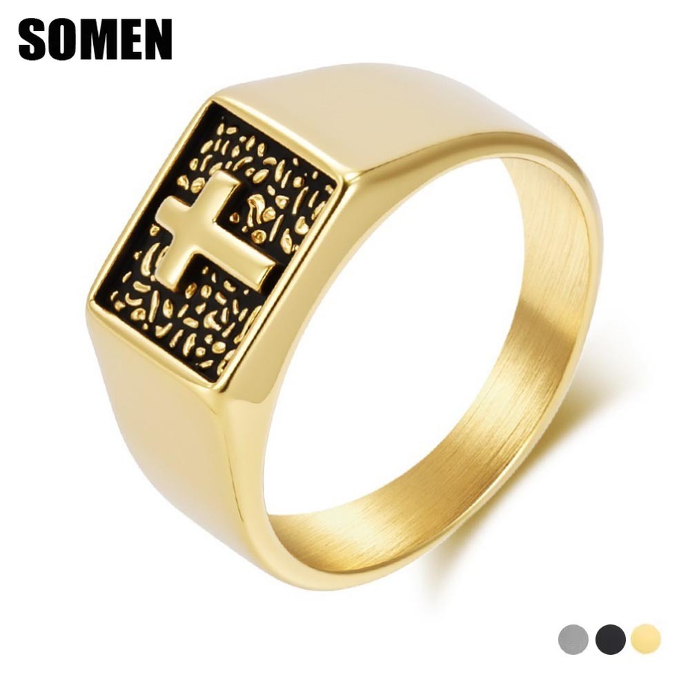 Signet Ring Men - Somen Vintage Edelstahl Kreuz Siegelring Für