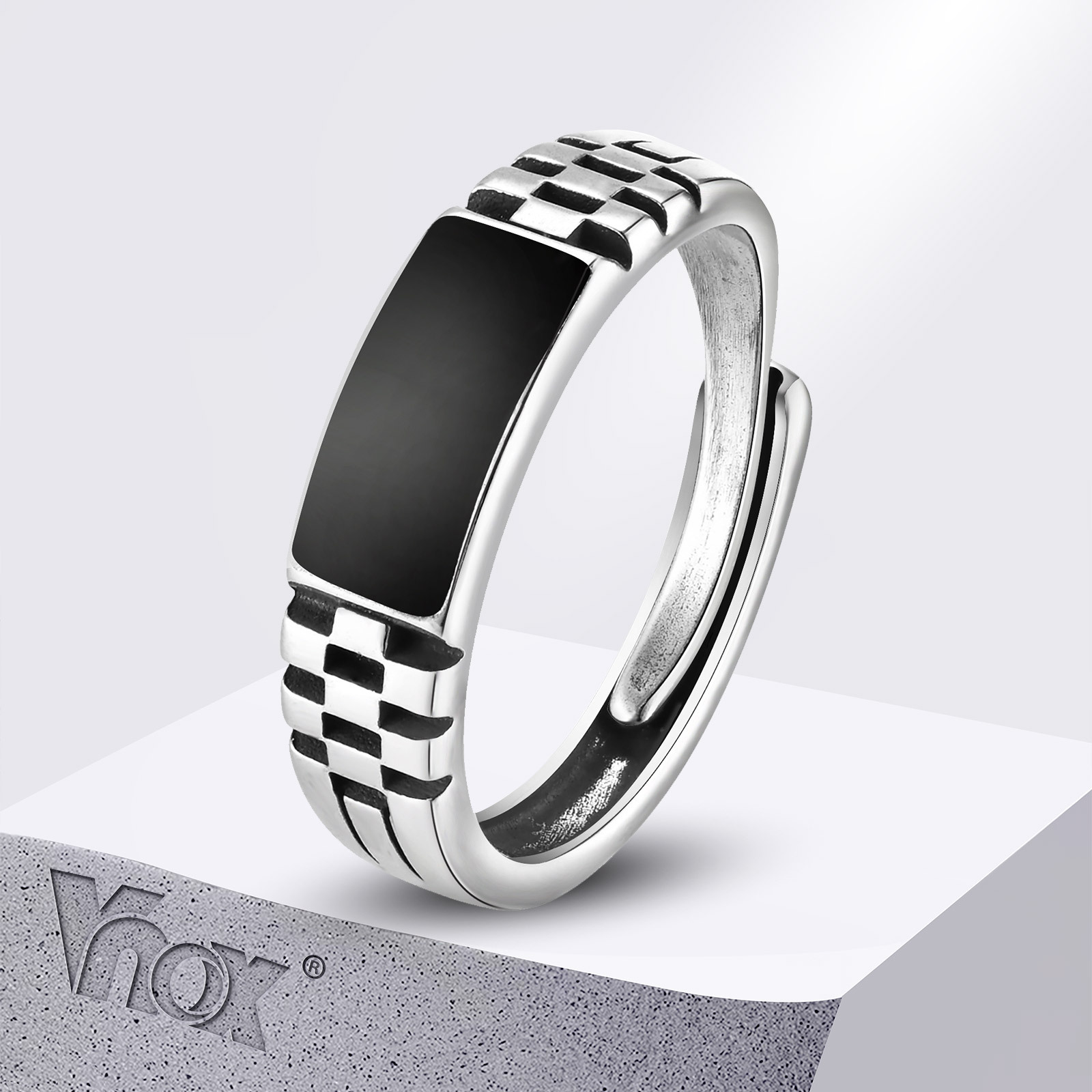 Signet Ring Men - Vnox Offene Herrenringe, schwarzer Emaille-Siegelring, Uhrenarmband
