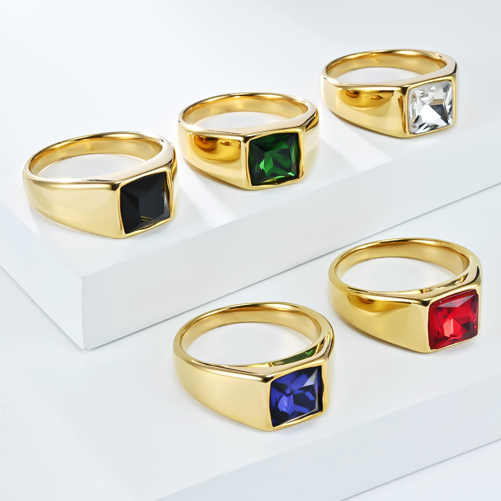 Signet Ring Men - Edelstahl-Siegelring mit glänzendem Zirkon und quadratischem