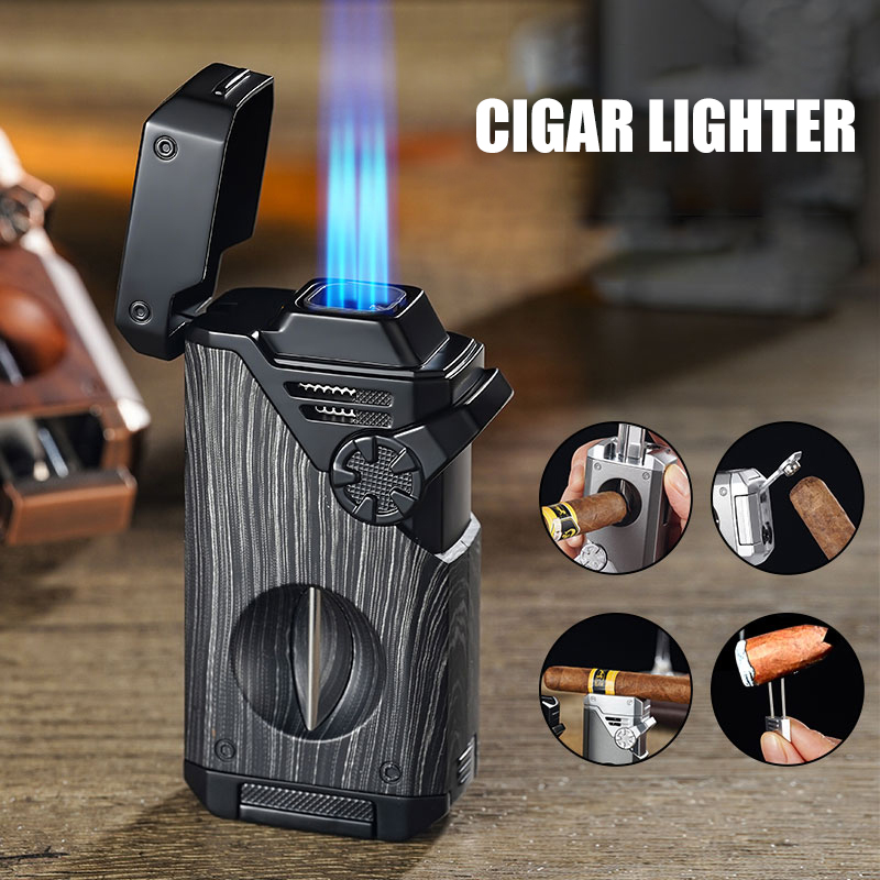 Cigar Cutter Set - Multifunktions-Zigarrenfeuerzeug-Set, 4-Flammen-Torch mit V-Cutter, Anti-Hot-Gabel und