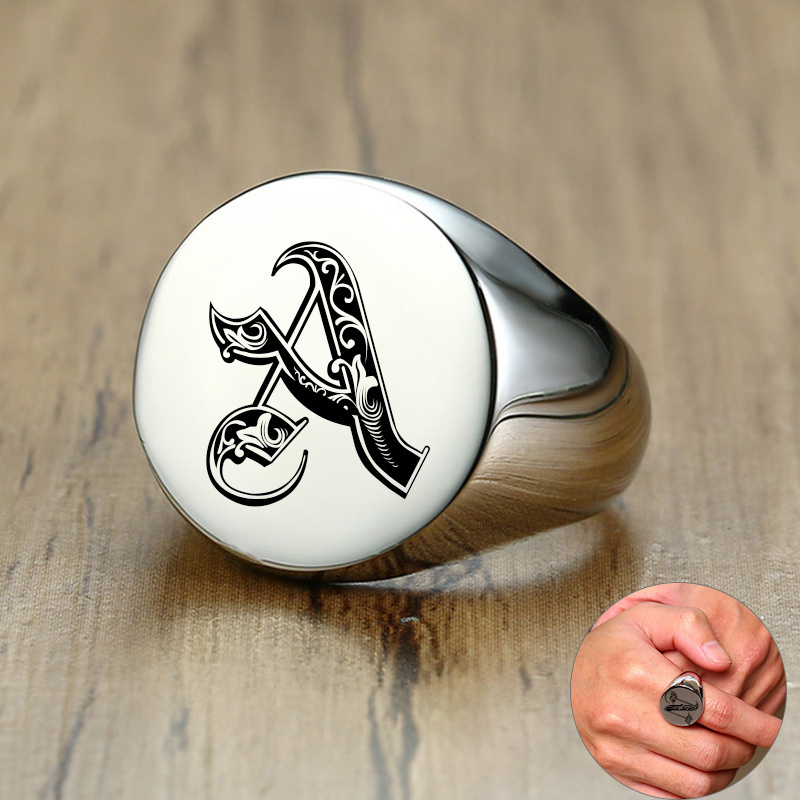 Signet Ring Men - Vnox Stilvolle Muster Schrift Initial Stempel